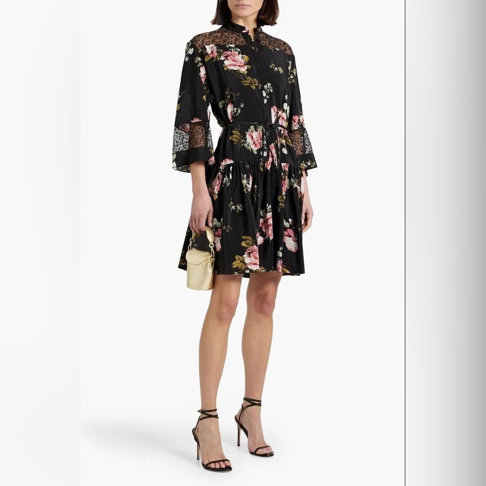 NWT $1995 Erdem Floral-Print Lace-Panelled Silk Dress